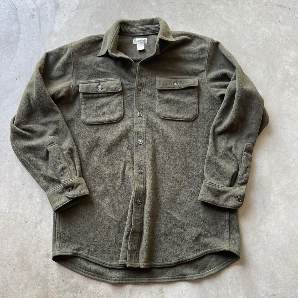 LL Bean Mens Fleece Button Down Shirt Olive Green M Regular Pocket Shacket